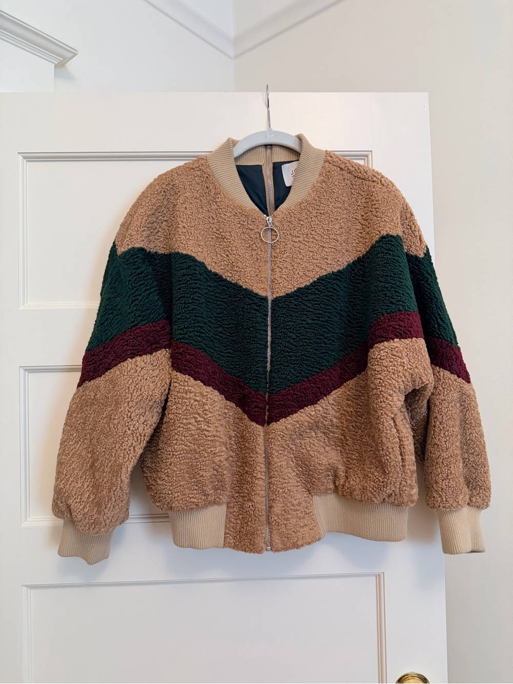J.O.A. Teddy Chevron Bomber Jacket in Tan, Green & Burgundy